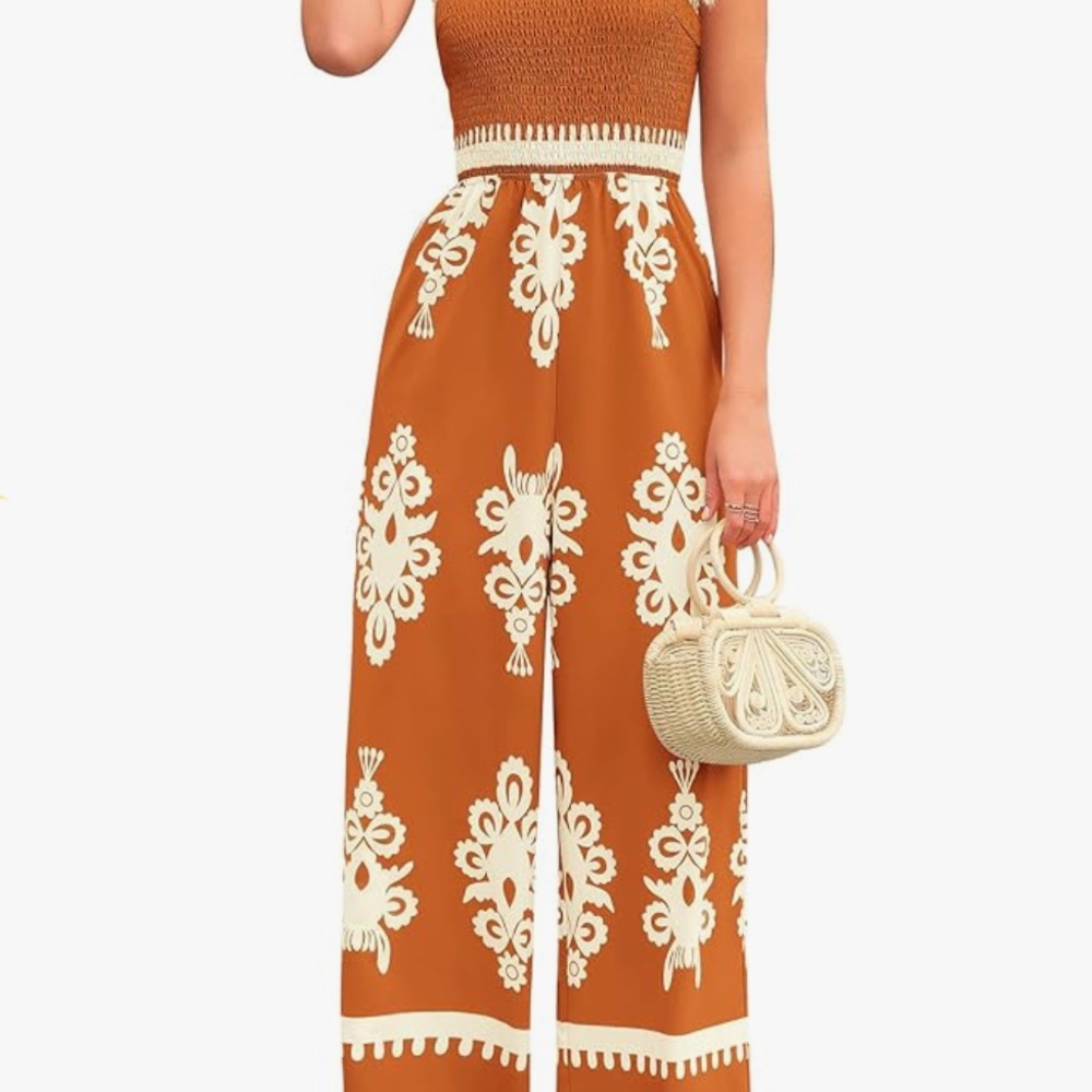Strapless Chic Bohemian Orange and Cream Jumpsuit with Ornate Patterns Large